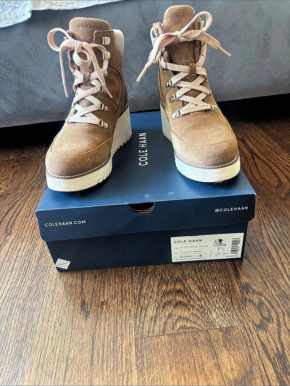 Cole Haan Zerogrand City Wedge Hkr WP Waterproof Boots Brown & Cream US 7.5 B